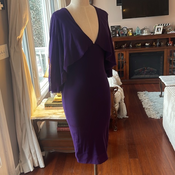 Fuzzi Viola purple flutter sleeve midi capelet dress - Picture 3 of 12